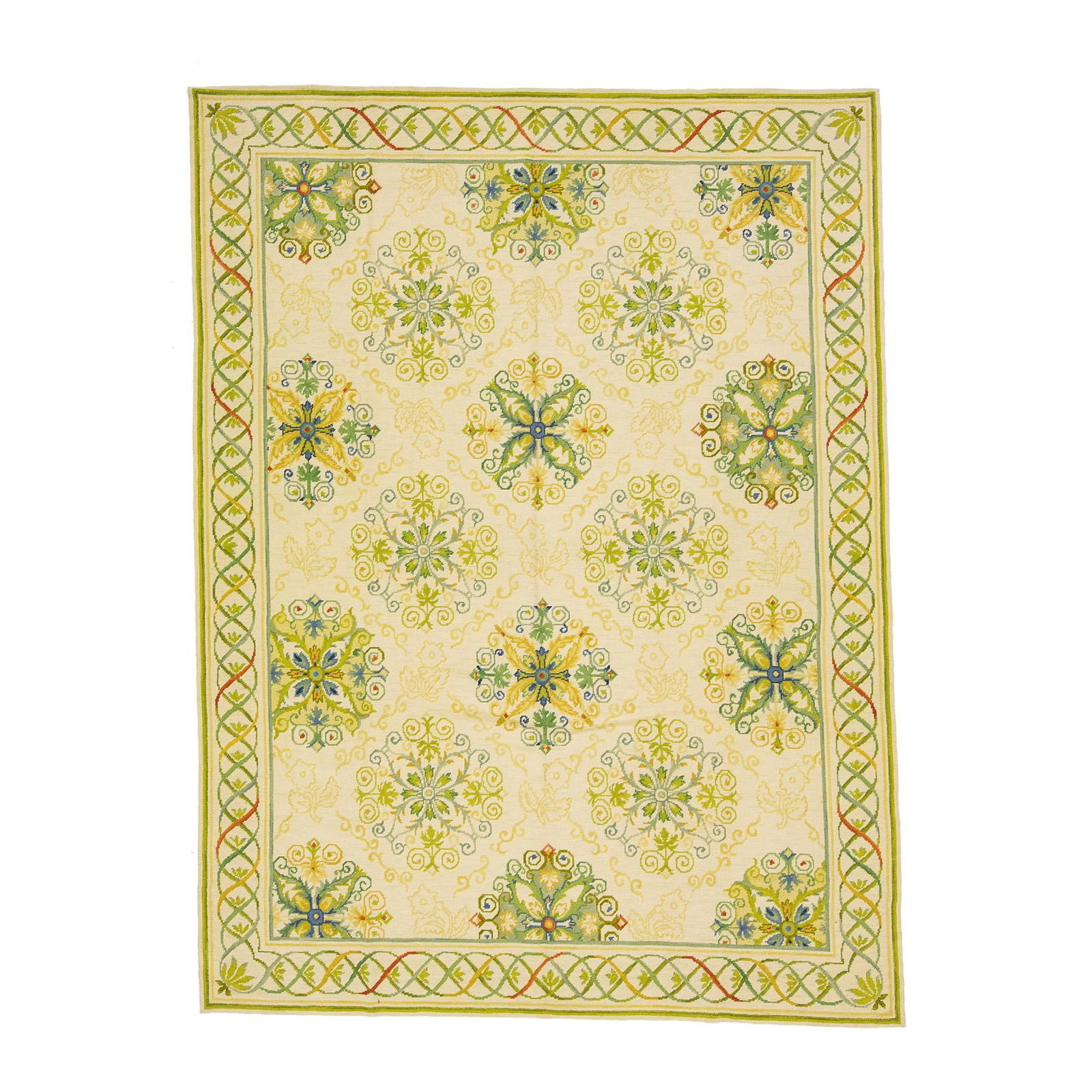 Modern Needlepoint Wool Rug Ivory 8'11 x 11'10 Floral Design: Modern Needlepoint Wool Rug Ivory 8'11 x 11'10 Floral Design Enhance your living space with this exquisite modern Needlepoint flat-weave rug, featuring a beautiful beige color field adorned with vibra