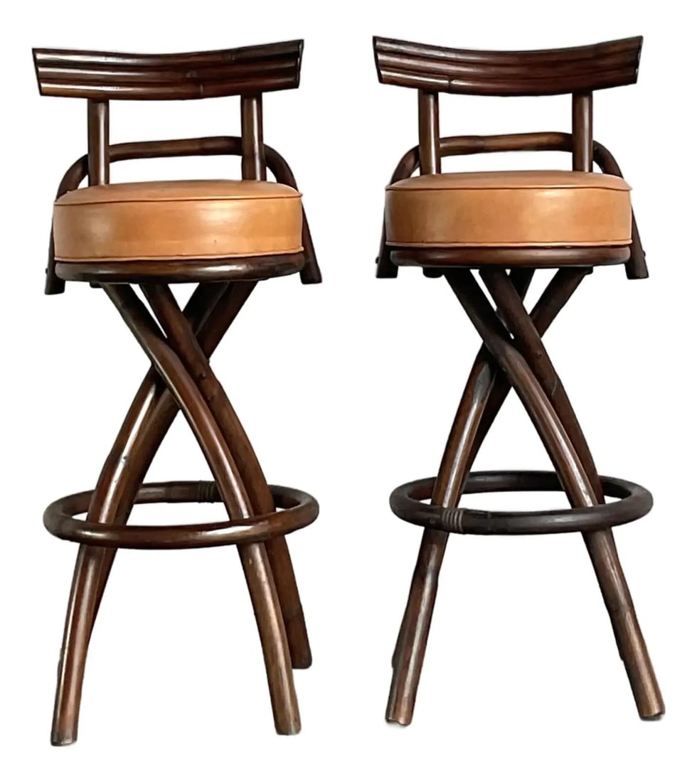 Pair of Bent Rattan Bar Stools with Cognac Leather Seats Boho Style (1 of 5)