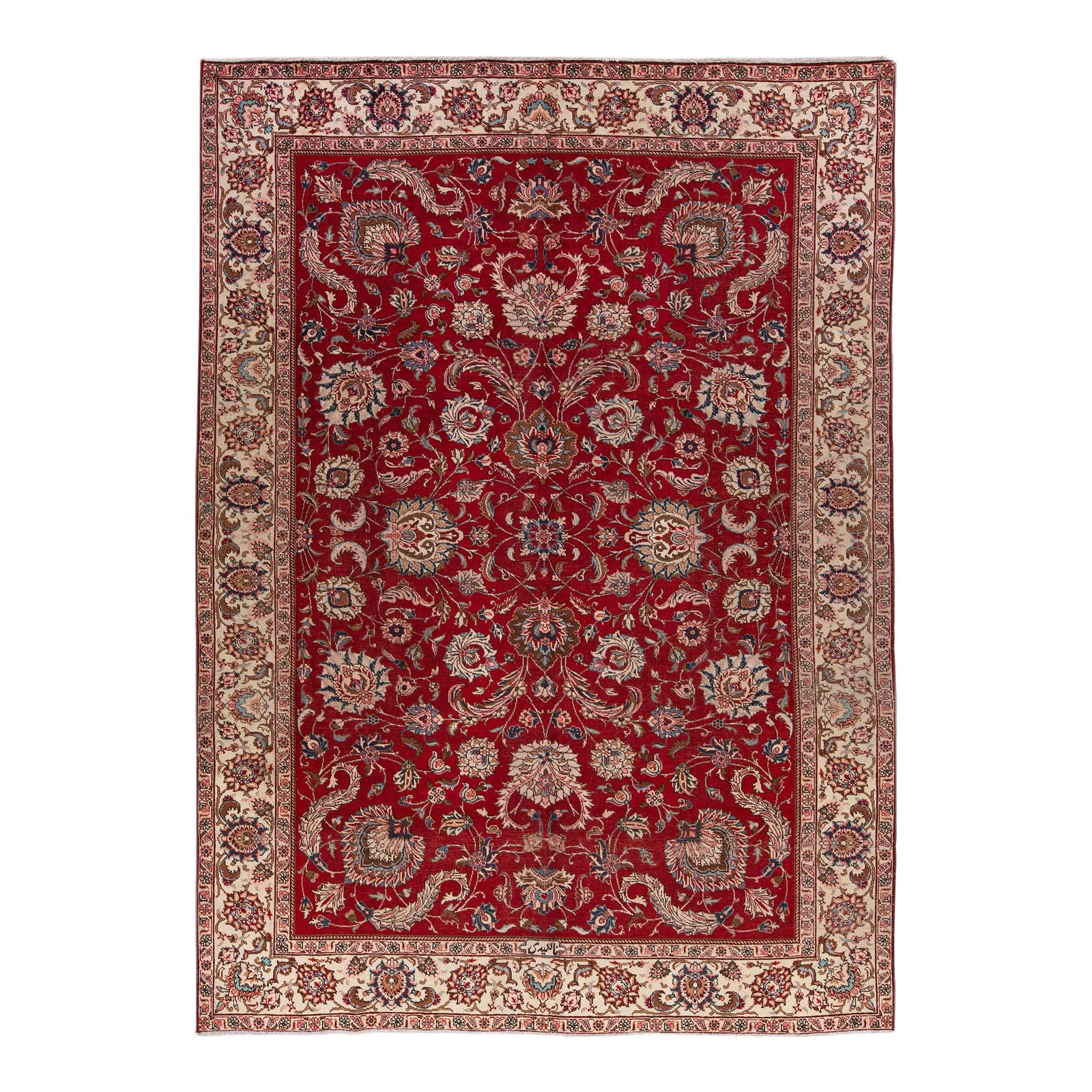 Vintage Persian Tabriz Hand-Knotted Red Wool Rug 7'3 x 10'3: Vintage Persian Tabriz Hand-Knotted Red Wool Rug 7'3 x 10'3 Discover this exquisite vintage Persian Tabriz rug, hand-knotted with meticulous craftsmanship. Featuring a vibrant red color field, this pi