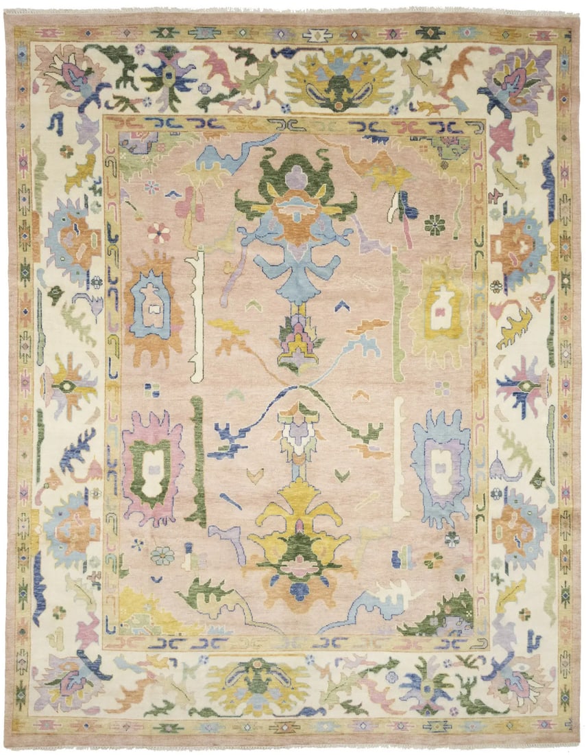 Hand-Knotted Floral Oushak Rug 12x15ft Eco-Friendly Wool Carpet: Hand-Knotted Floral Oushak Rug 12x15ft Eco-Friendly Wool Carpet Enhance your living space with this exquisite 12x15 ft hand-knotted floral Oushak Oriental rug. Crafted in India, this licensed reproduc