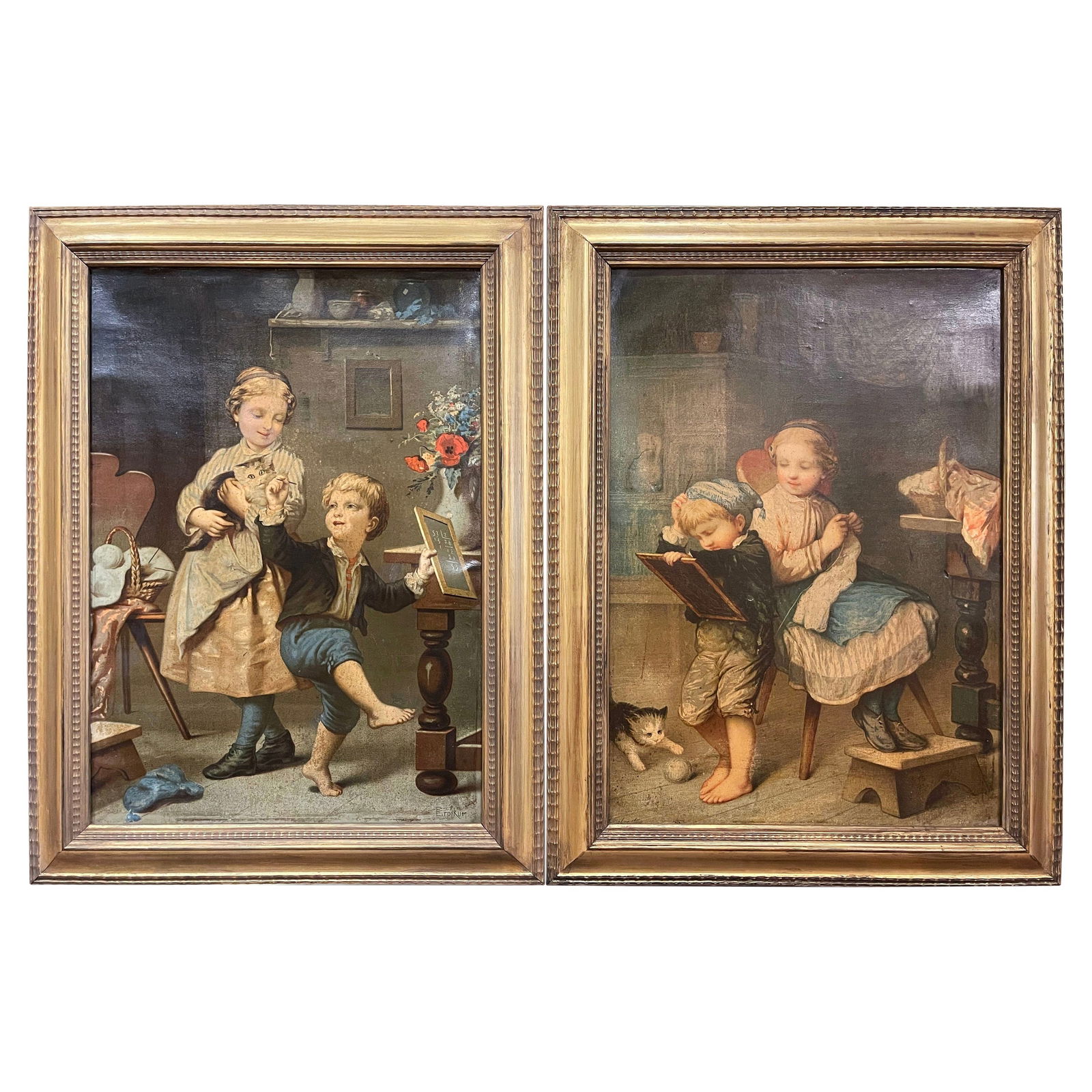 19th Century French Signed Chromo Lithographs Set in Gilt Frames: 19th Century French Signed Chromo Lithographs Set in Gilt Frames This exquisite set of two 19th Century French signed chromo lithographs, framed in elegant giltwood, showcases charming scenes of child