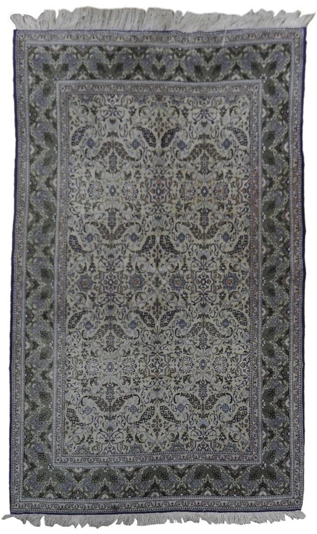 5.2 x 8.5 Hand-Knotted Vintage Lavar Kerman Rug Tan Wool: 5.2 x 8.5 Hand-Knotted Vintage Lavar Kerman Rug Tan Wool Free continental US Shipping Discover the exquisite 5' x 8' Vintage Estate Lavar Kerman Rug, a remarkable blend of historical elegance and