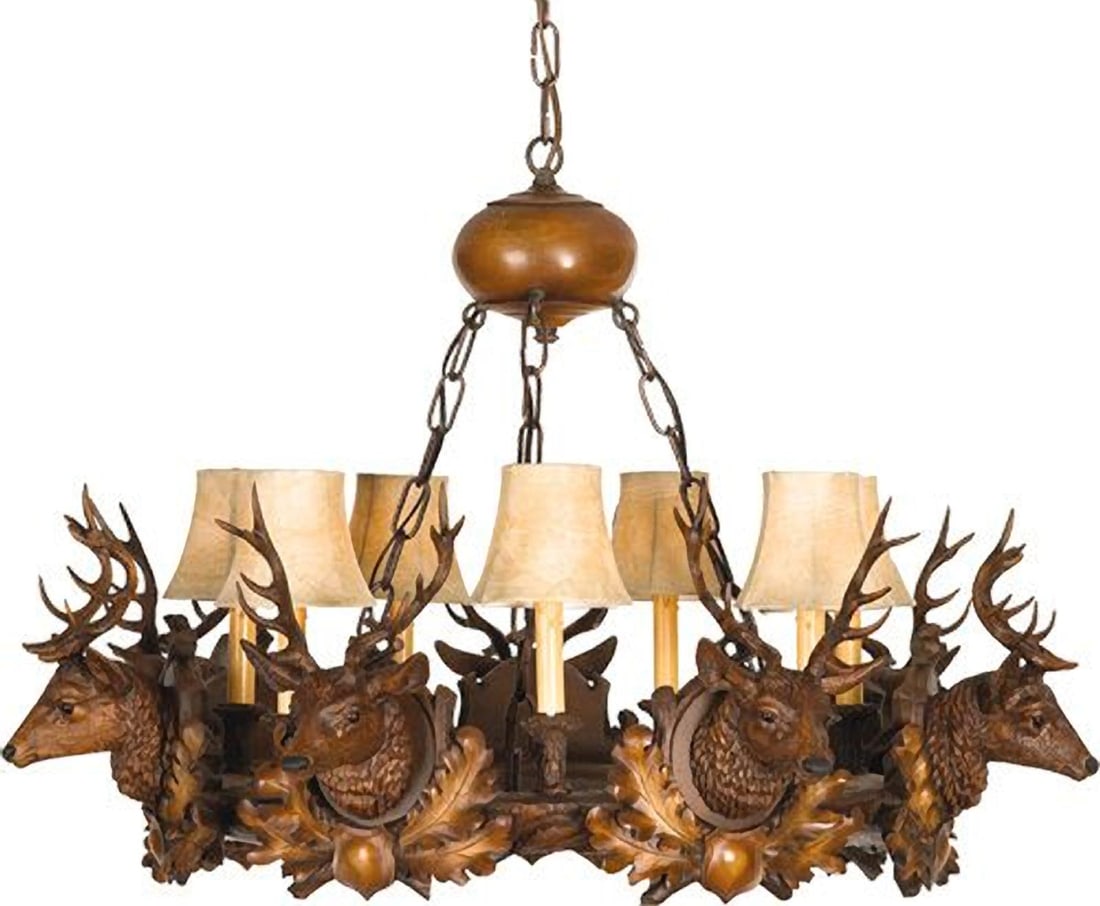 Lodge Style Hand-Painted Stag Head Chandelier: Lodge Style Hand-Painted Stag Head Chandelier Illuminate your space with this stunning Hand-Painted Stag Head Ceiling Light Fixture, designed to evoke a rustic lodge ambiance. This bowl chandelier fea