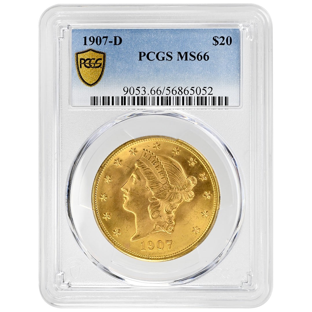 Gold 1907-D $20 Liberty Head PCGS MS66 Denver Mint Type 3 Coin: Gold 1907-D $20 Liberty Head PCGS MS66 Denver Mint Type 3 Coin This 1907-D $20 Liberty Head gold coin is certified by PCGS with a high grade of MS66. Minted in Denver, it features the Type 3 design wi