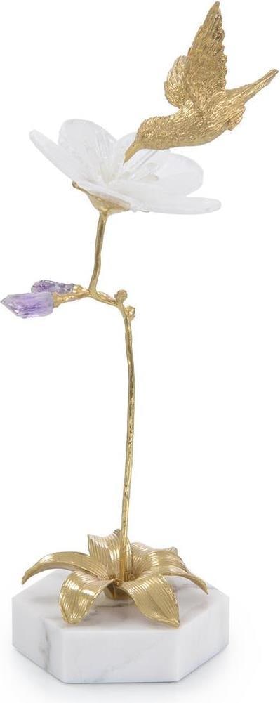 Victorian Style Hummingbird Sculpture by John-Richard with Selenite Accents: Victorian Style Hummingbird Sculpture by John-Richard with Selenite Accents This elegant hummingbird sculpture showcases a stunning blend of amethyst brass and white selenite, resting on a beautiful m