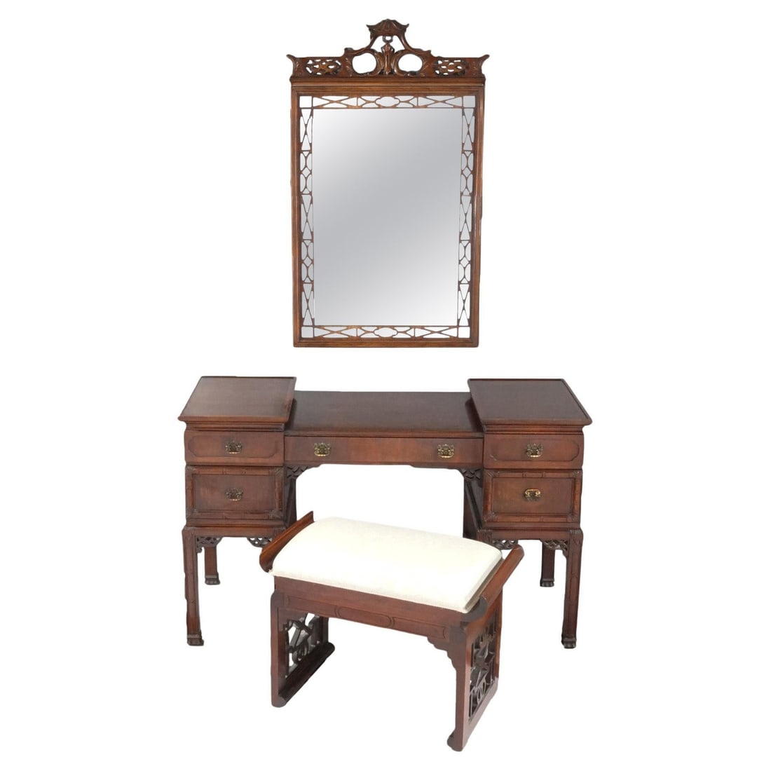 Antique Chinese Chippendale Mahogany Dressing Table Set with Mirror and Upholstered Bench C1940 (1 of 18)