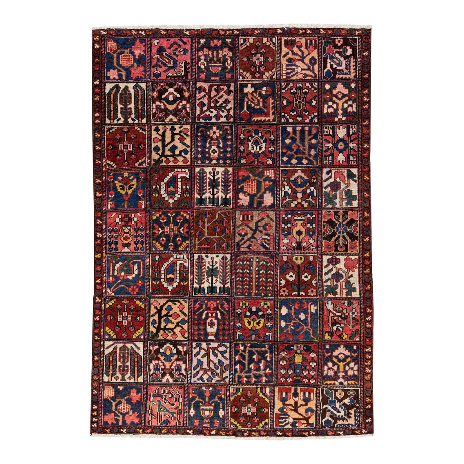 Antique Bakhtiari Handmade Wool Rug Multicolor Allover Pattern 6'7" x 9'6": Antique Bakhtiari Handmade Wool Rug Multicolor Allover Pattern 6'7" x 9'6" This stunning Antique Bakhtiari rug showcases an exquisite hand-knotted design, featuring a vibrant ruby red field adorned
