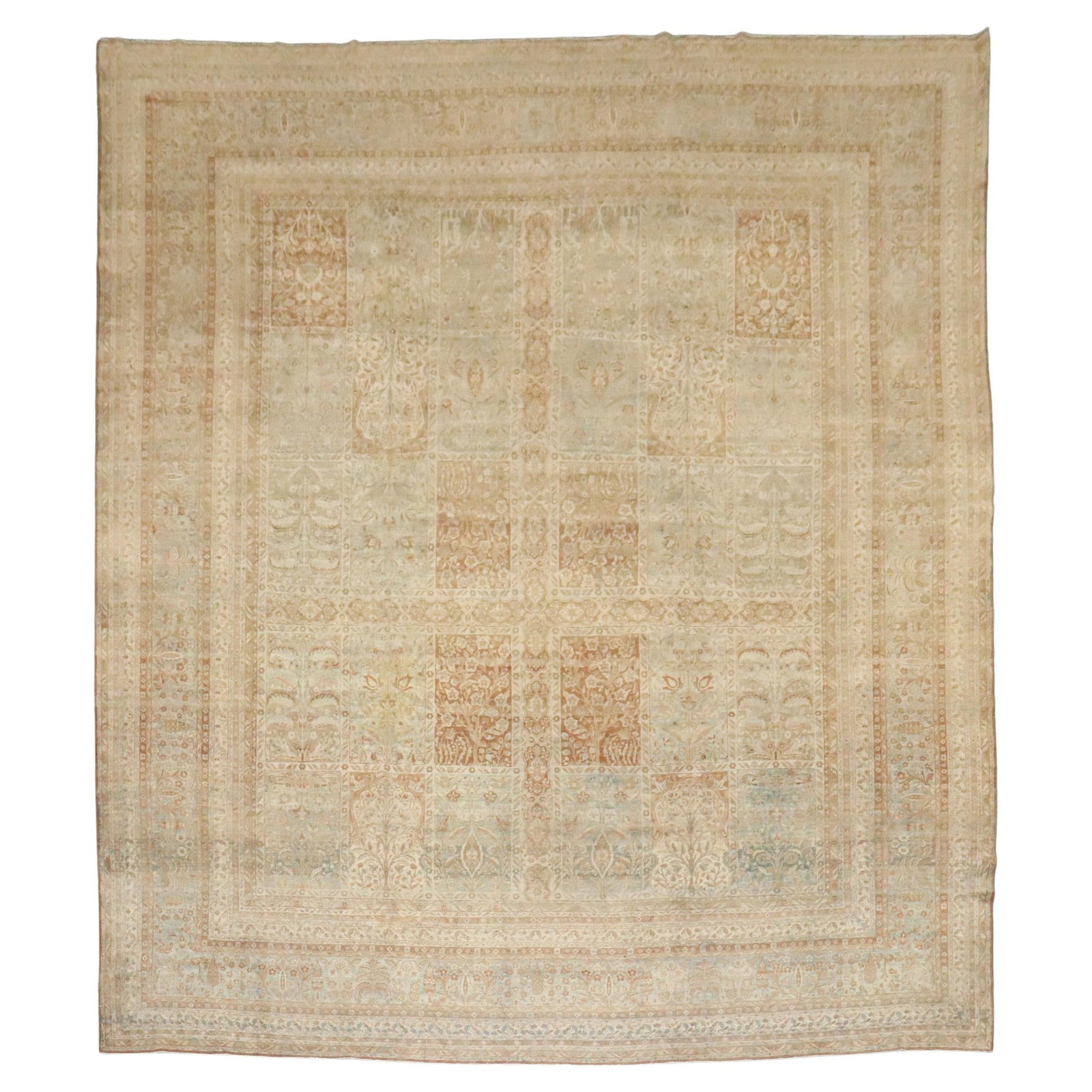 Late 19th Century Persian Kerman Garden Design Hand-Knotted Wool Carpet 12'5 x 15'9: Late 19th Century Persian Kerman Garden Design Hand-Knotted Wool Carpet 12'5 x 15'9 This stunning antique Persian Kerman carpet showcases a beautiful garden design in warm honey tones. Hand-knotted fr