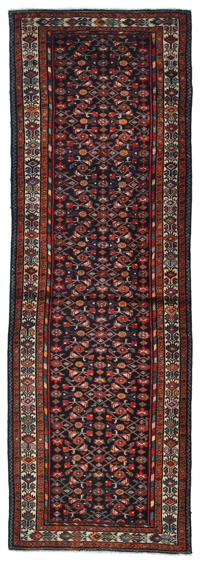 Hand-Knotted Tribal Wool Runner Rug Vintage 3'10 x 11'1 Western Asia: Hand-Knotted Tribal Wool Runner Rug Vintage 3'10 x 11'1 Western Asia This vintage hand-knotted runner rug features an allover tribal pattern in a blend of purple-navy, cream, red, blue, orange, pastel