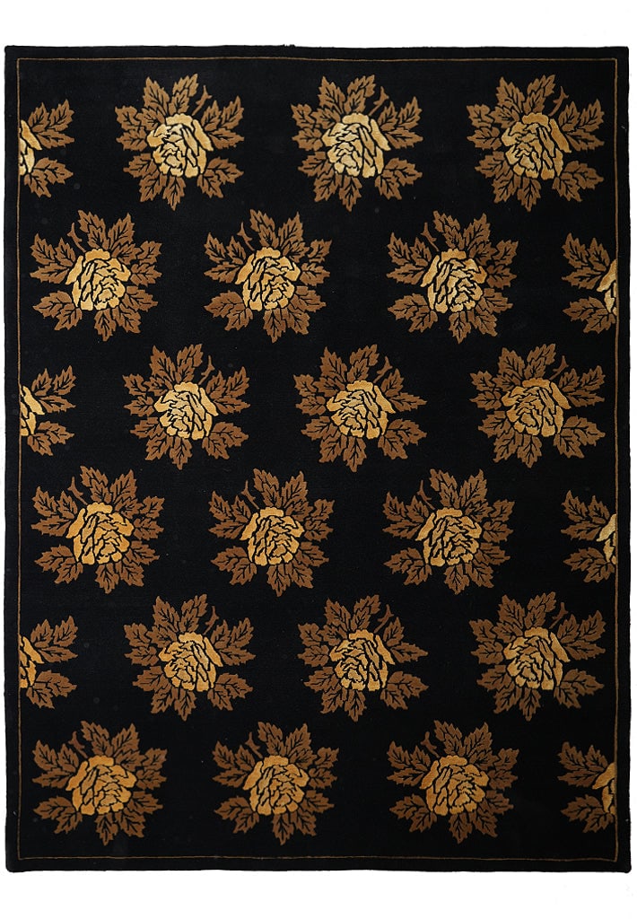 Handmade India Wool Floral Black Rug 93 x 118 in Modern Hand Knotted (1 of 9)