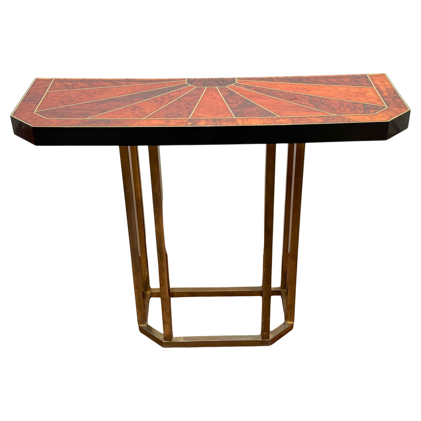 1980s Console Table with Faux Tortoiseshell Inlay and Brass Details (1 of 11)