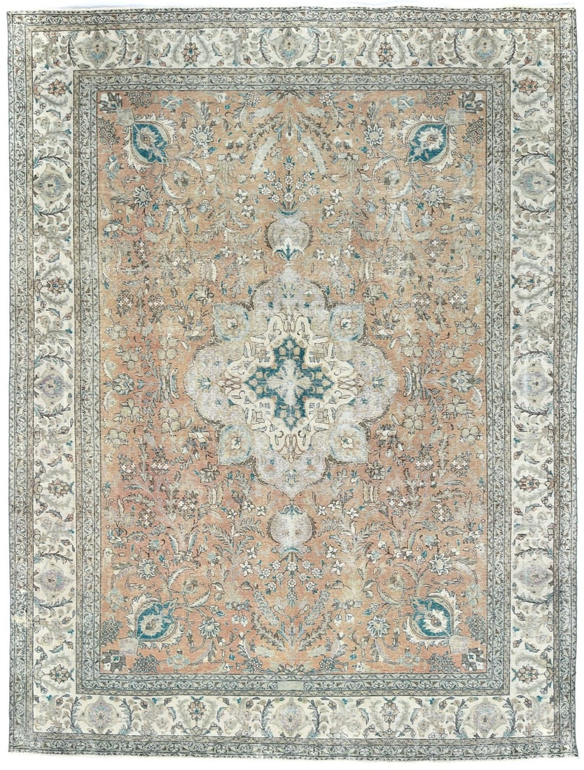 Vintage Hand-Knotted Wool Oriental Rug 8'5 x 12'6 Distressed Floral Design (1 of 12)