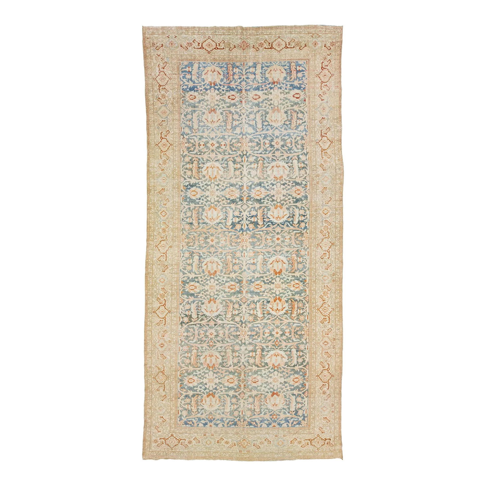 Antique Persian Malayer Wool Rug 7'5" x 16'4" Blue Floral: Antique Persian Malayer Wool Rug 7'5" x 16'4" Blue Floral This stunning antique Persian Malayer rug showcases exceptional craftsmanship, handcrafted from high-quality wool. The calming light blue base