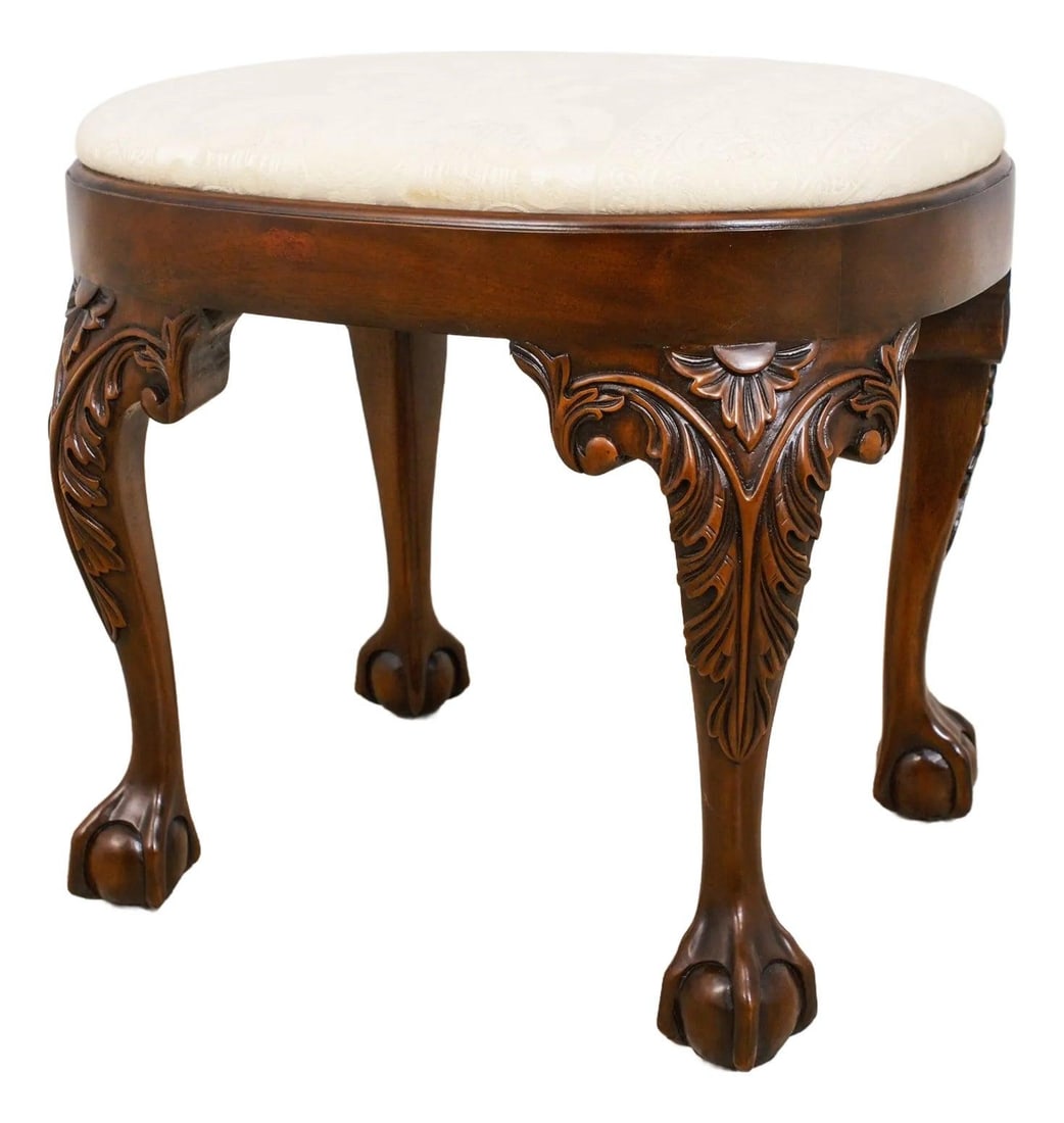 Vintage Mahogany Chippendale Style Footstool with Damask Upholstery (1 of 10)