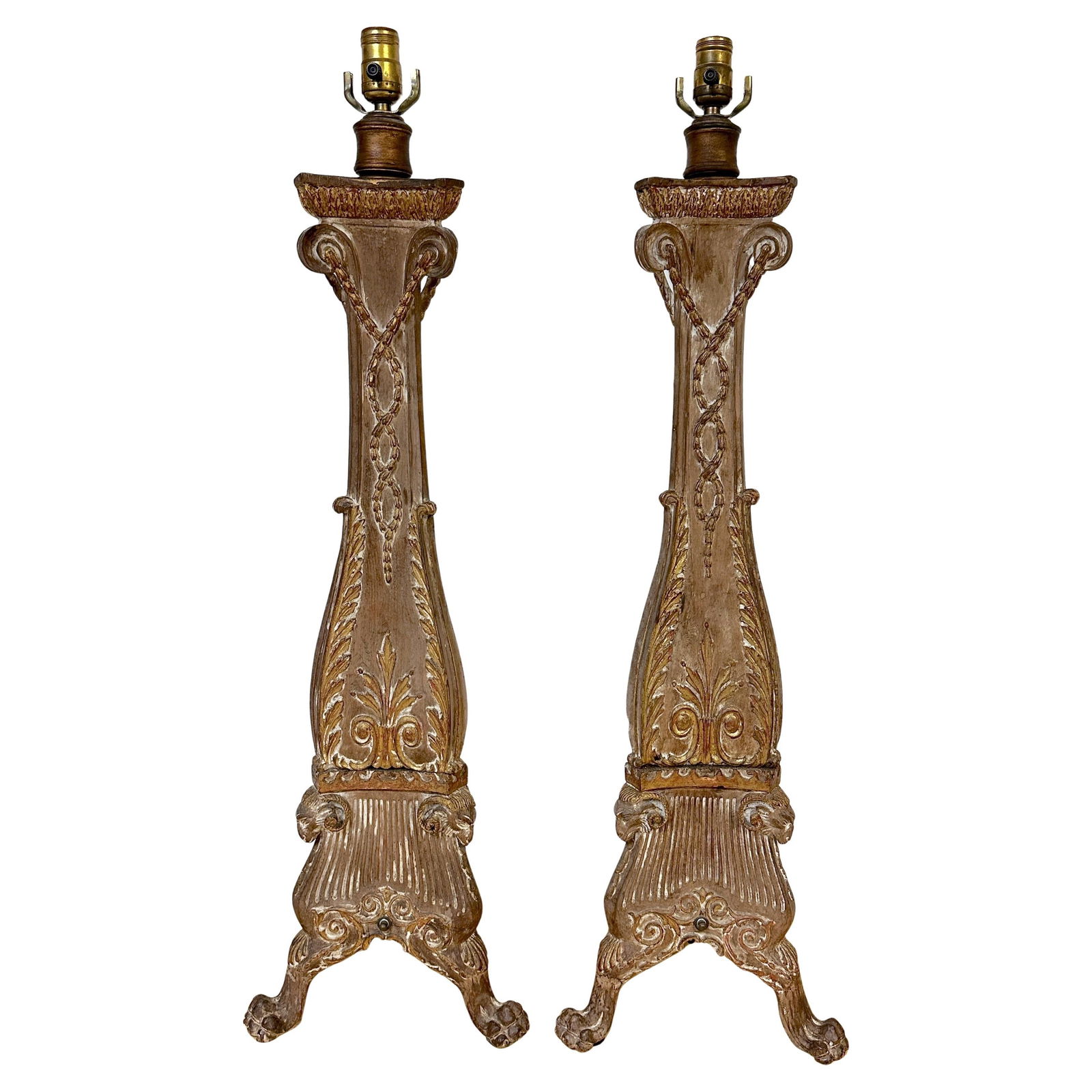 19th Century Adam Style Electrified Pine Candlestick Lamps Set of 2 (1 of 9)
