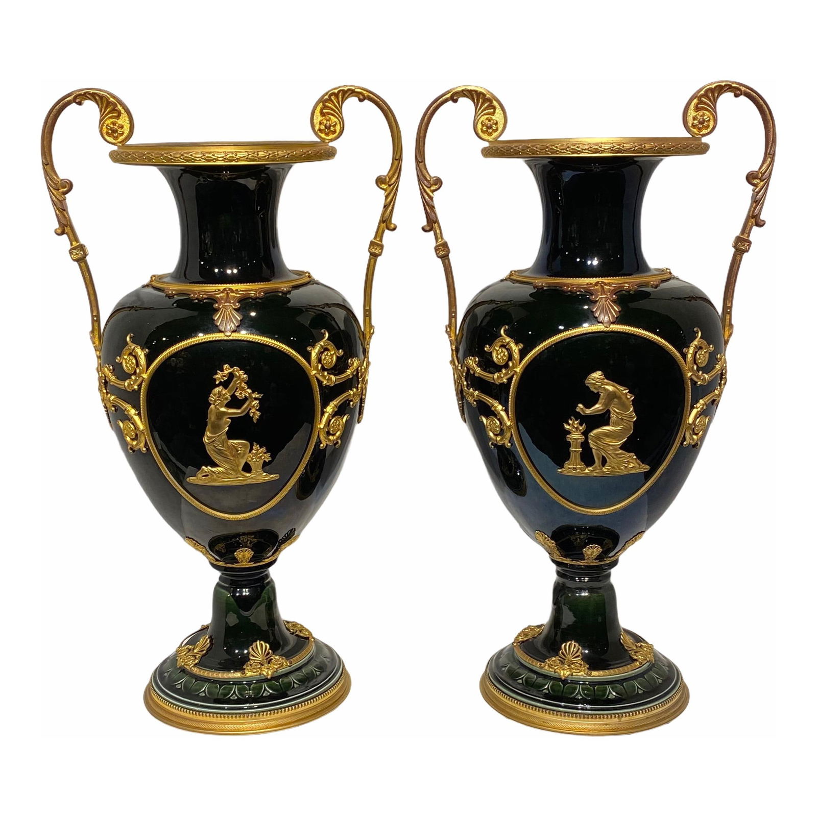 Set of 2 French Faience Vases with Gilt Bronze Neoclassical Mounts: Set of 2 French Faience Vases with Gilt Bronze Neoclassical Mounts This set of two iridescent glazed faience vases features neoclassical gilt bronze mounts, exemplifying fine French craftsmanship from