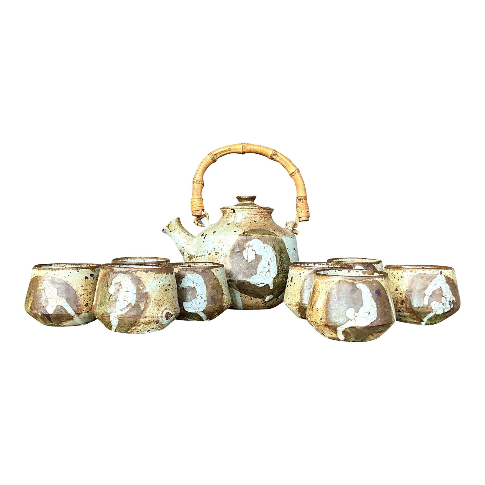 Handcrafted Vintage Boho Pottery Tea Set 9 Pieces Rattan and Pottery (1 of 8)