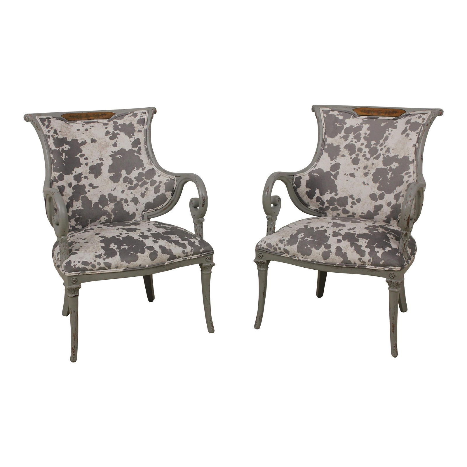 Stylish Pair of Distressed French Design Armchairs with Animal Print Upholstery: Stylish Pair of Distressed French Design Armchairs with Animal Print Upholstery This exquisite pair of modern French design upholstered armchairs features a charming blend of vintage and contemporary