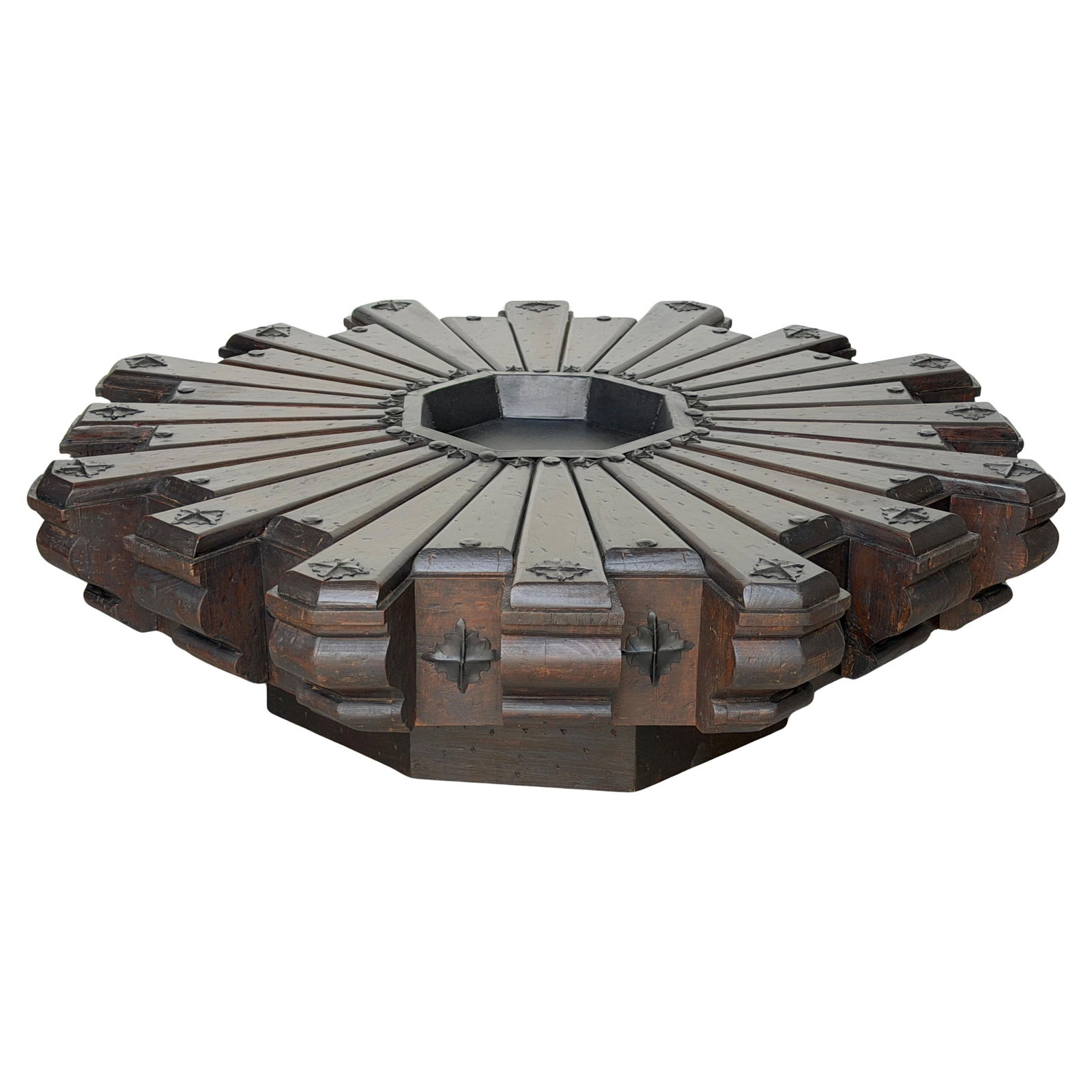 Set of 2 Spanish Colonial Sunburst Brazier Tables With Wrought Iron Details 1960s: Set of 2 Spanish Colonial Sunburst Brazier Tables With Wrought Iron Details 1960s This monumental 1960s Spanish Colonial sunburst brazier table embodies the distinctive influence of historic Spanish a