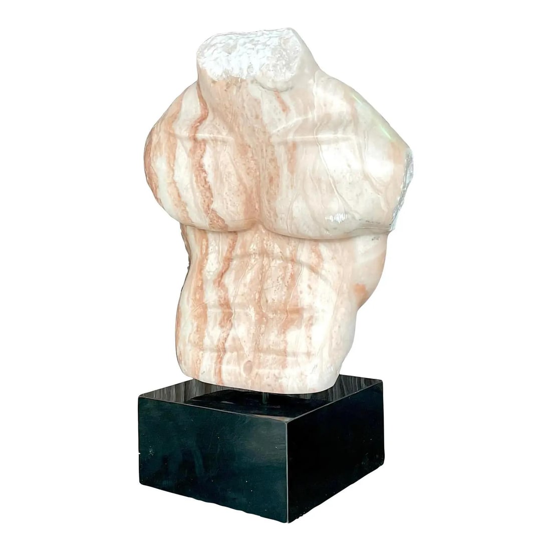 Hand Carved Marble Human Torso Sculpture on Black Base Boho Vintage Style: Hand Carved Marble Human Torso Sculpture on Black Base Boho Vintage Style This vintage hand-carved marble sculpture depicts a torso with smooth, flowing lines and natural striations that showcase the