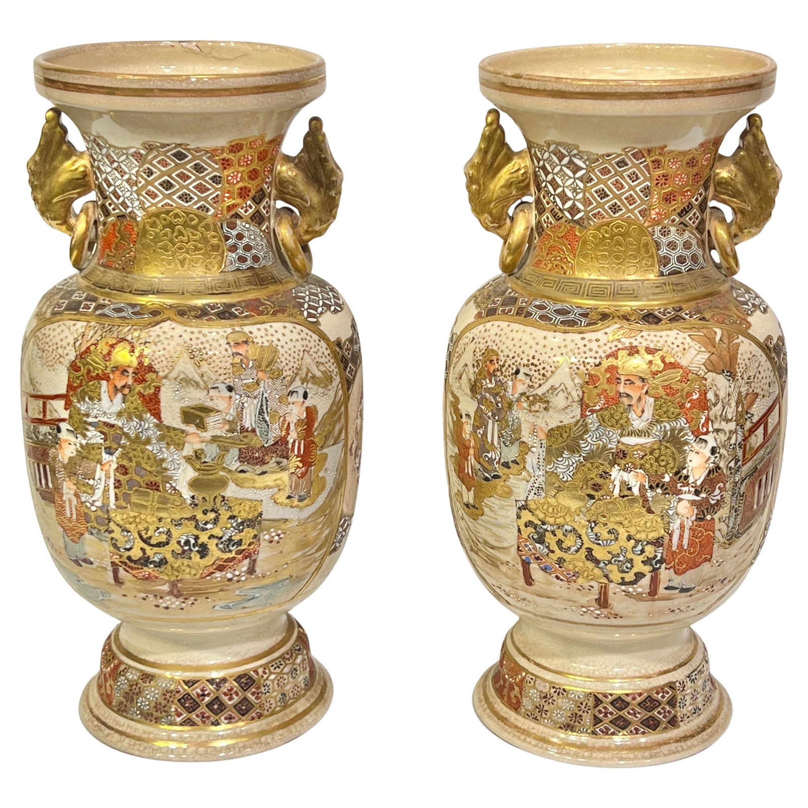 Set of Two Meiji Era Japanese Satsuma Ceramic Vases With Samurai Decoration (1 of 12)