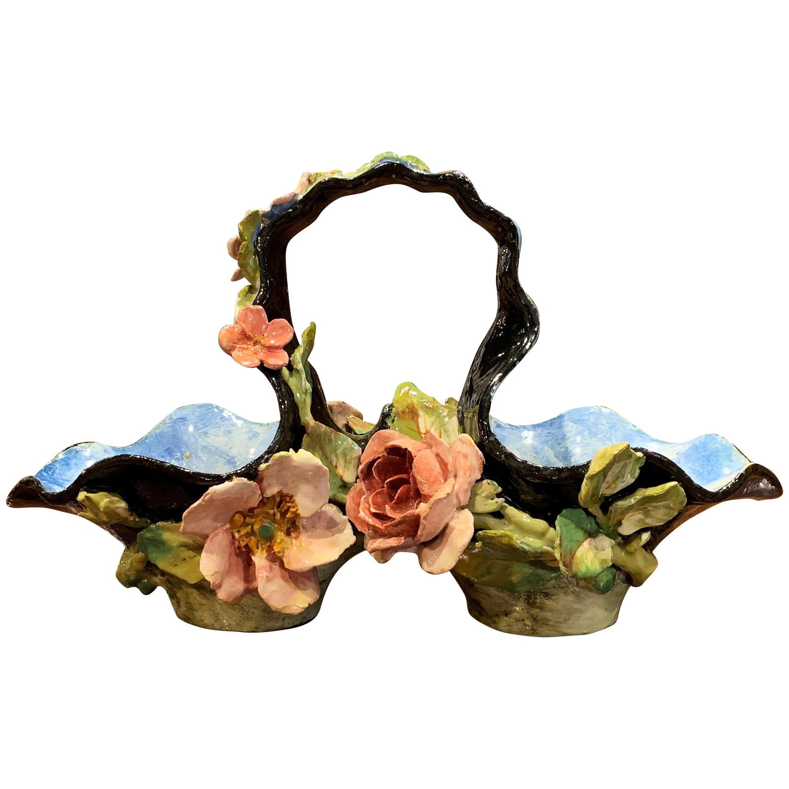 19th Century Montigny-sur-Loing Hand-Painted Ceramic Barbotine Basket: 19th Century Montigny-sur-Loing Hand-Painted Ceramic Barbotine Basket This exquisite 19th Century French painted ceramic barbotine basket from Montigny-sur-Loing is a stunning example of hand-crafted