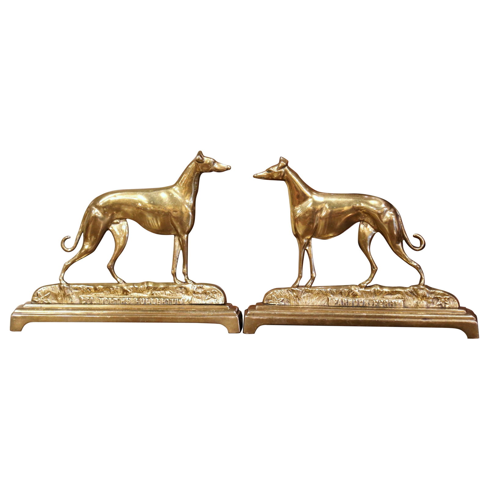Set of 2 Early 20th Century Brass Greyhound Waterloo Cup Sculptures: Set of 2 Early 20th Century Brass Greyhound Waterloo Cup Sculptures Enhance your decor with this exquisite pair of early 20th-century brass sculptures depicting the celebrated Greyhound Waterloo Cup w