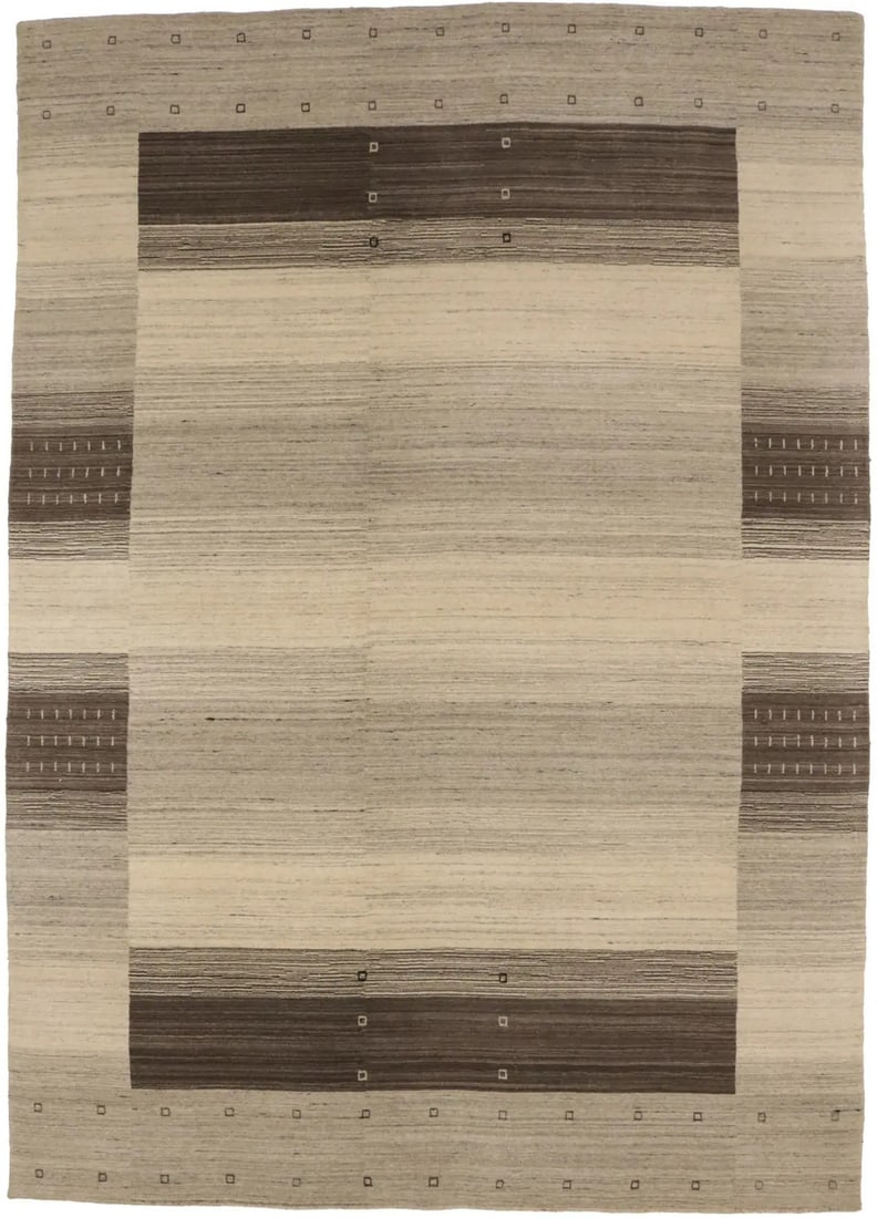 6'8 x 9'4 Wool Modern Bordered Gabbeh Area Rug Multicolor Hand-Loomed: 6'8 x 9'4 Wool Modern Bordered Gabbeh Area Rug Multicolor Hand-Loomed This modern Gabbeh Oriental area rug features a multicolored bordered design in beige, brown, cream, and other tones. Hand-loomed