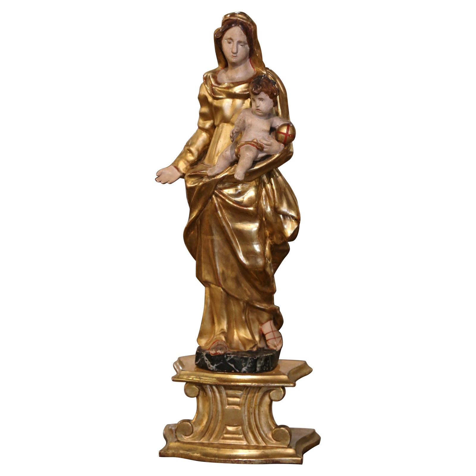 18th Century Baroque Giltwood Polychrome Virgin Mary and Child Statue Set: 18th Century Baroque Giltwood Polychrome Virgin Mary and Child Statue Set This exquisite 18th Century French carved giltwood and polychrome sculpture, measuring 21.5 inches in height, elegantly depict
