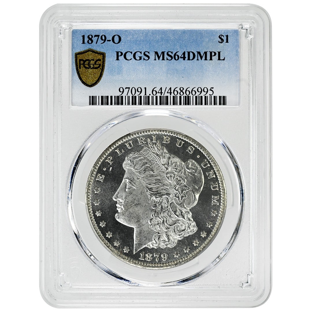 PCGS MS64DMPL 1879-O Morgan Silver Dollar Deep Mirror Proof-Like Uncirculated Coin: PCGS MS64DMPL 1879-O Morgan Silver Dollar Deep Mirror Proof-Like Uncirculated Coin This 1879-O Morgan Dollar is a rare uncirculated coin certified by PCGS with a grade of MS64DMPL. Struck in New