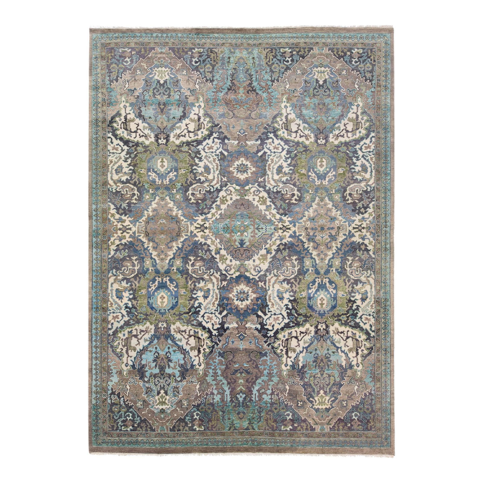Handmade Turkish Oushak Gray Blue Wool Rug 9'11 x 13'8 Floral Pattern: Handmade Turkish Oushak Gray Blue Wool Rug 9'11 x 13'8 Floral Pattern Enhance your space with this exquisite Modern Turkish Oushak hand-knotted wool rug, featuring a captivating gray field. Adorned wi