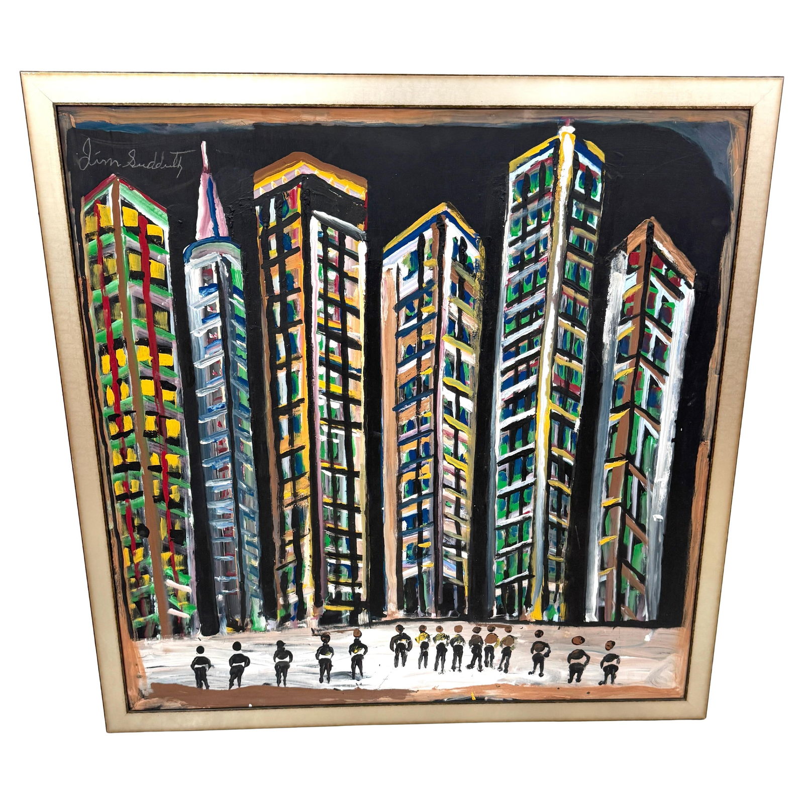 Jimmy Lee Sudduth Untitled Evening Cityscape New Orleans 1990s Mixed Media Art: Jimmy Lee Sudduth Untitled Evening Cityscape New Orleans 1990s Mixed Media Art This striking mixed-media painting titled "Untitled (Evening Cityscape, New Orleans)" by renowned American Outsider artis