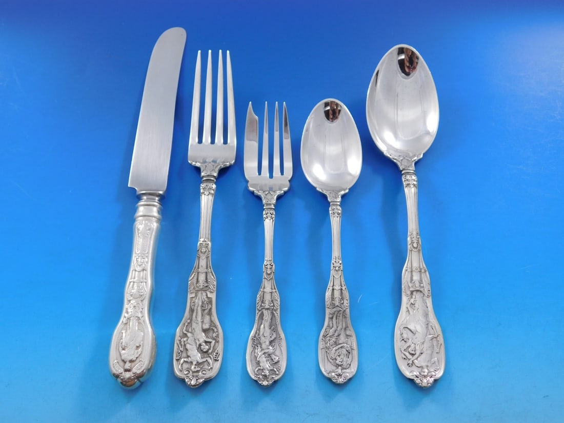 Gorham Mythologique Sterling Silver Flatware Set for 6 - 30 Pieces with Storage Caddy: Gorham Mythologique Sterling Silver Flatware Set for 6 - 30 Pieces with Storage Caddy Enhance your dining experience with the Mythologique Sterling Silver Flatware Set by Gorham, a stunning collection