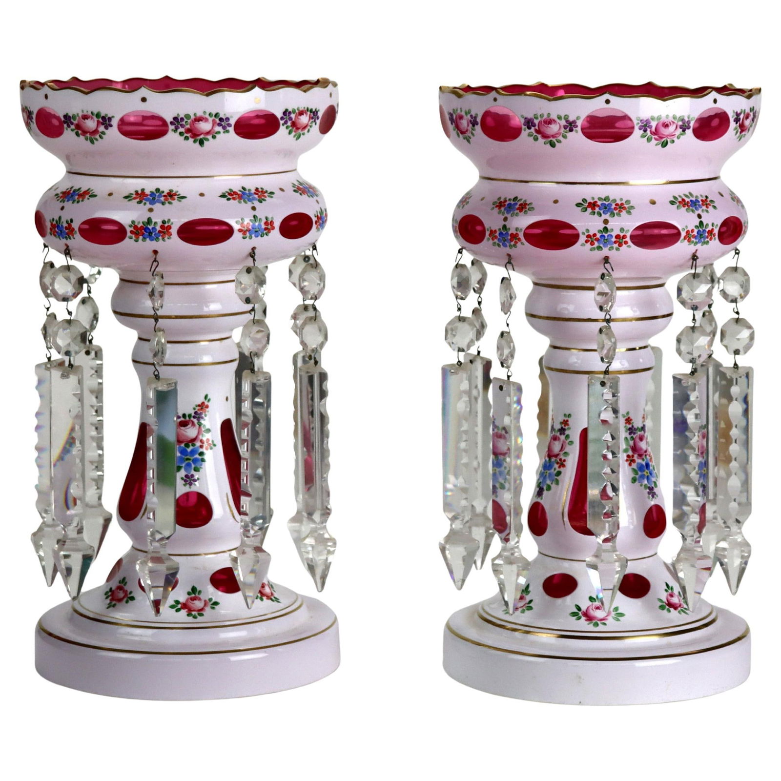 Set of 2 Bohemian Cranberry Cutback Glass Lusters with Hanging Crystals circa 1890 (1 of 8)