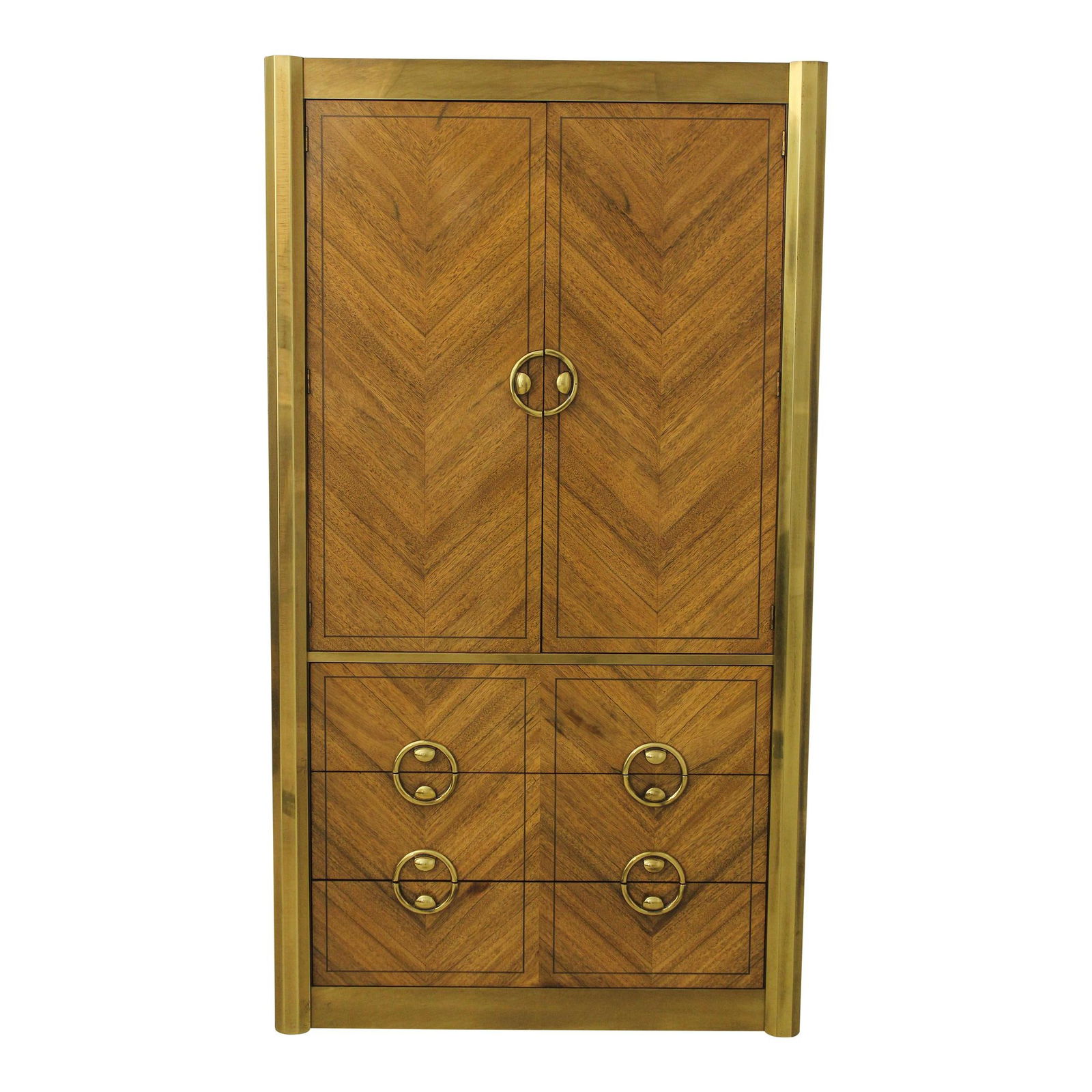 Mastercraft Mid Century Modern Walnut Brass Armoire 75.5" High: Mastercraft Mid Century Modern Walnut Brass Armoire 75.5" High This Mastercraft Mid Century Modern Armoire boasts a timeless design, featuring high-quality walnut construction complemented by elegant
