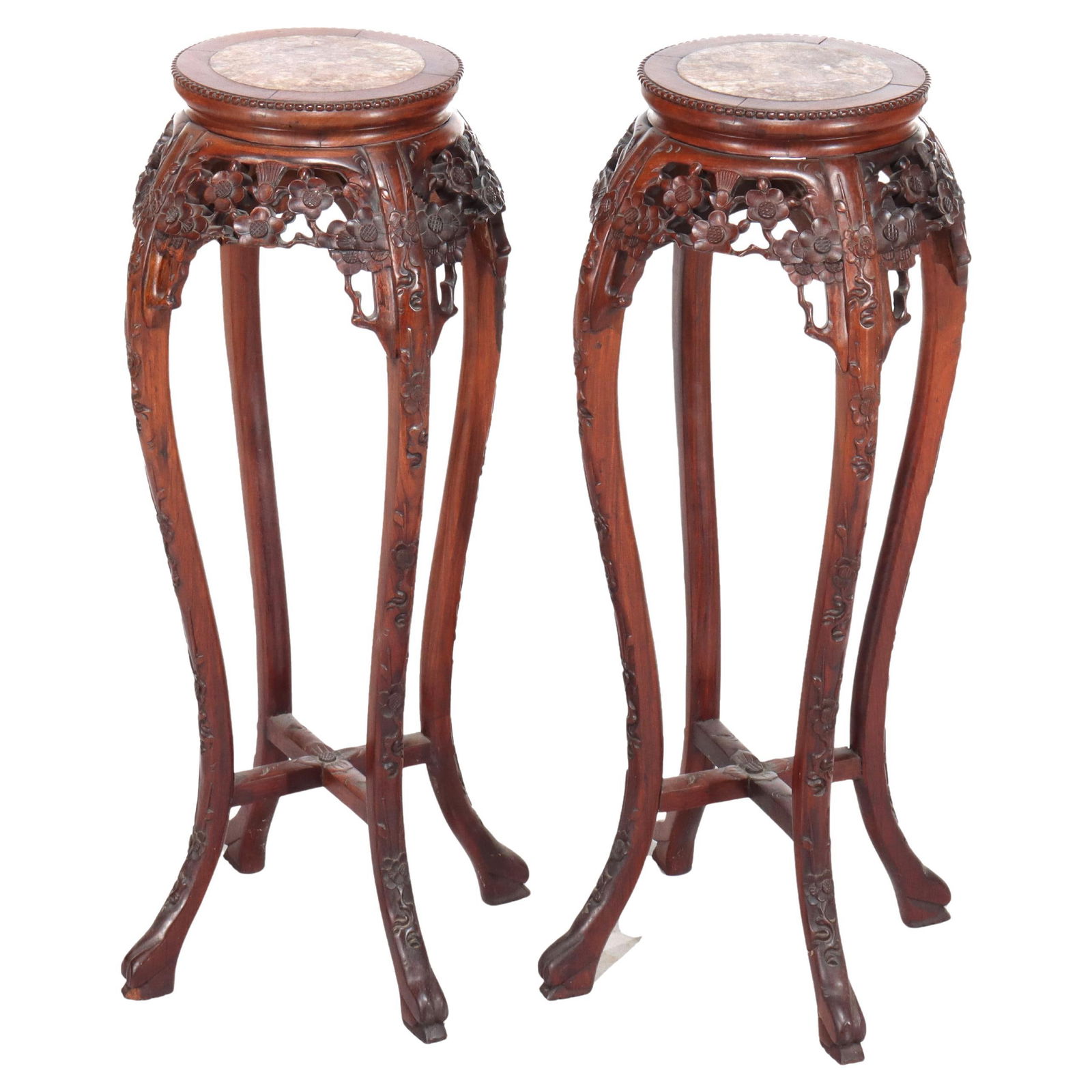 Antique Chinese Carved Rosewood Rouge Marble Sculpture Stands Set of 2 C1920 (1 of 9)