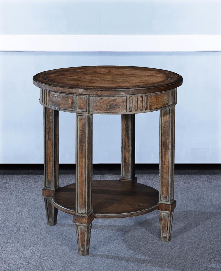 Louis XVI Rustic Pecan Lamp Table with Swedish Moss Accents: Louis XVI Rustic Pecan Lamp Table with Swedish Moss Accents Introducing a charming Rustic Pecan Table, designed in the elegant Louis XVI style. This lamp table features a stunning rustic pecan finish