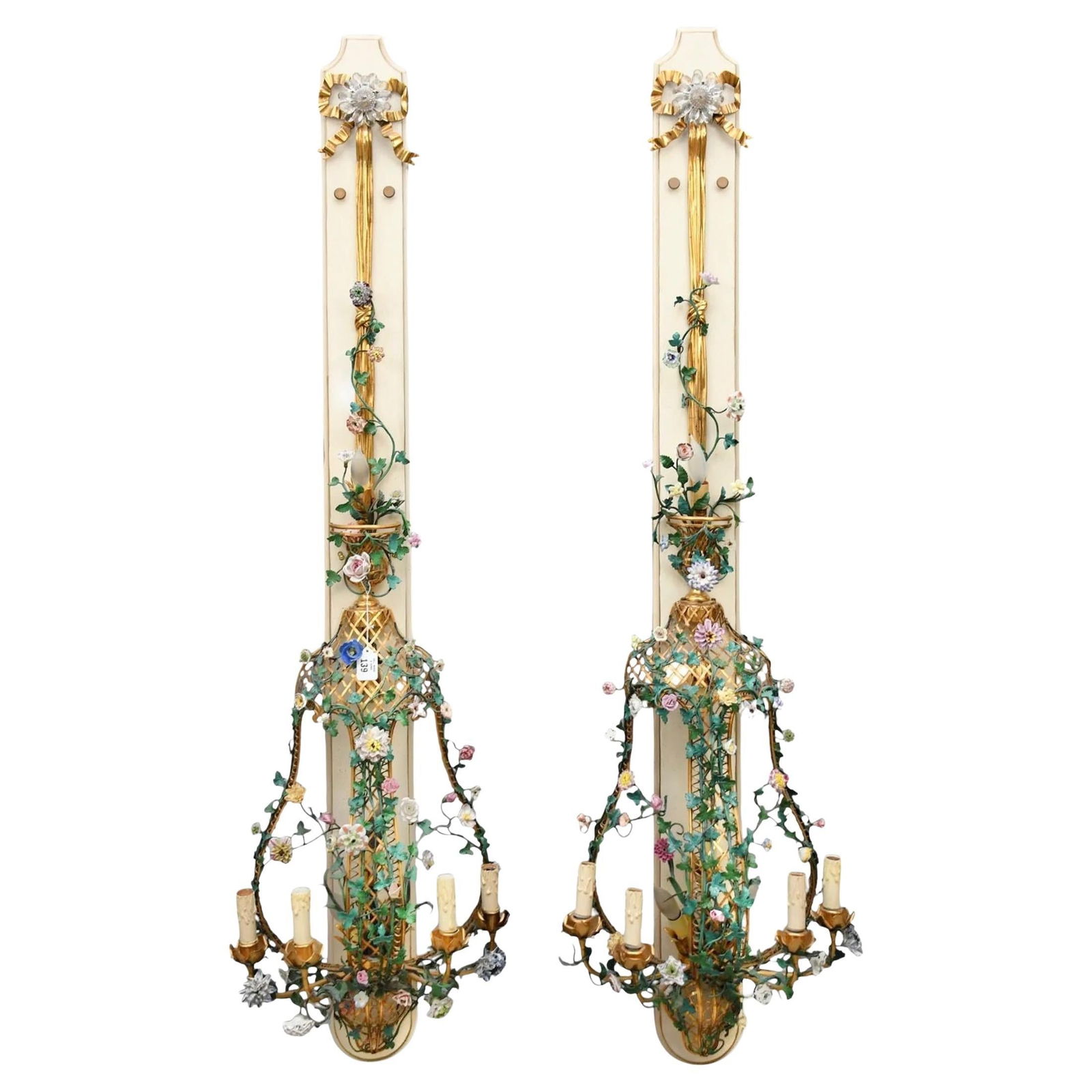 Set of 4 Large French Louis XVI Floral Porcelain and Metal Wall Sconces: Set of 4 Large French Louis XVI Floral Porcelain and Metal Wall Sconces This set of four monumental French Louis XVI style wall sconces features elaborate craftsmanship and striking design. Each sconc