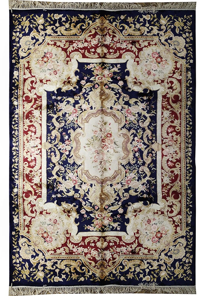 6' x 9' Navy Blue Aubusson Savonnerie Hand-Knotted Silk Area Rug: 6' x 9' Navy Blue Aubusson Savonnerie Hand-Knotted Silk Area Rug Free continental US Shipping Experience the luxury of French design with this exquisite 6' x 9' Aubusson Savonnerie Pile Silk Rug in Na