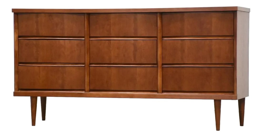 Mid Century Cherry Bassett Dresser 9 Drawers Bow Front: Mid Century Cherry Bassett Dresser 9 Drawers Bow Front This stunning mid-century modern dresser from the 1960s features a refined cherry wood construction with nine spacious bow front drawers, expertl
