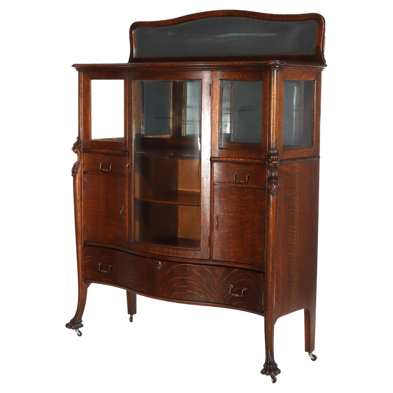 Carved Oak China Server Attributed to RJ Horner With Griffins and Serpentine Glass (1 of 17)