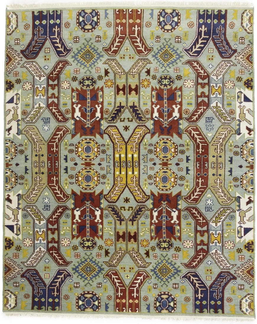 8x10 Navy Blue Geometric Wool Hand-Knotted Area Rug for Bedroom or Living Room: 8x10 Navy Blue Geometric Wool Hand-Knotted Area Rug for Bedroom or Living Room This handmade wool Oriental rug features a striking navy blue geometric design, complemented by cream, green, brown, oran