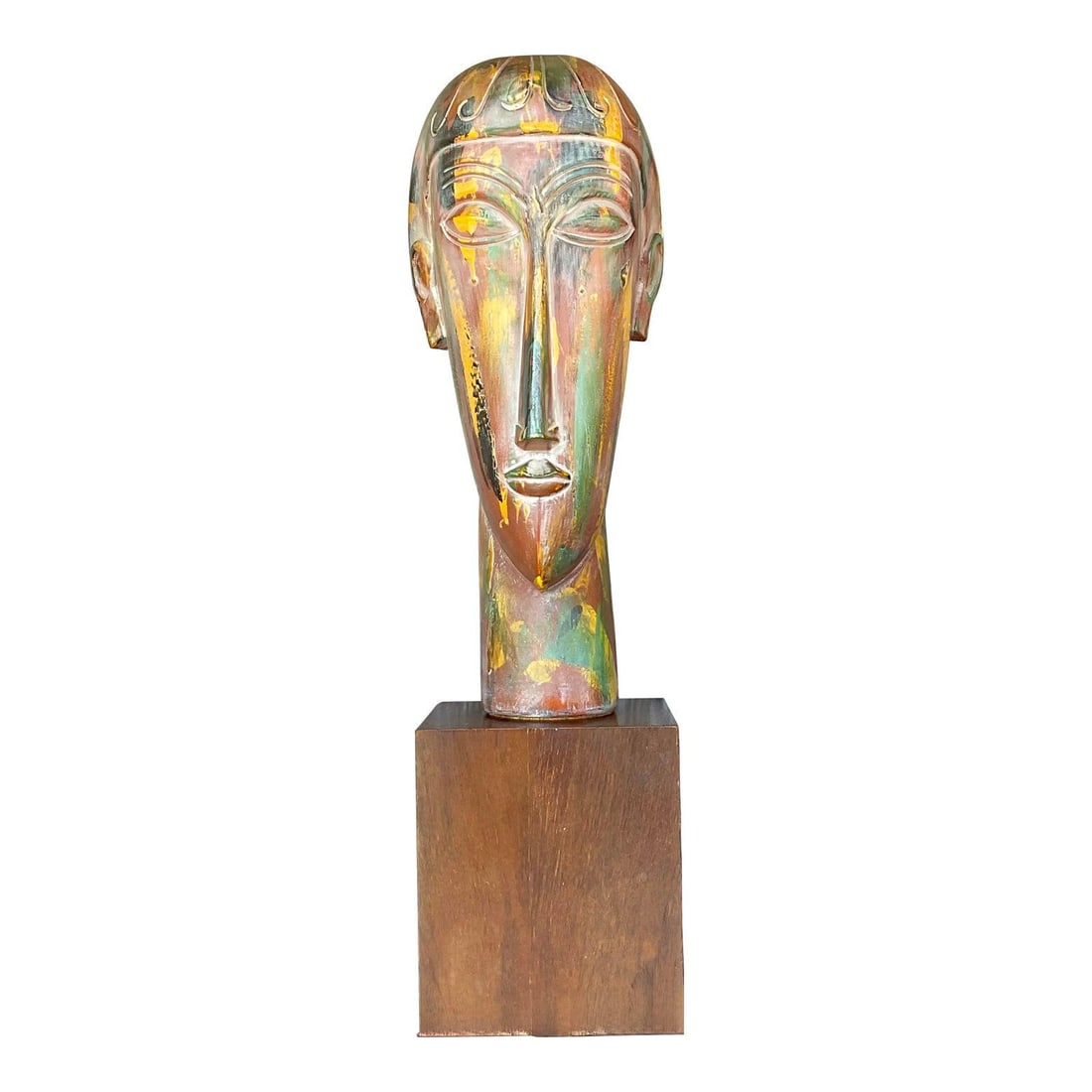 Vintage Modigliani-Inspired Plaster Bust with Wooden Base 26in: Vintage Modigliani-Inspired Plaster Bust with Wooden Base 26in This vintage plaster bust is a striking homage to the stylized portraiture of Amedeo Modigliani. With its elongated and elegant form, fea
