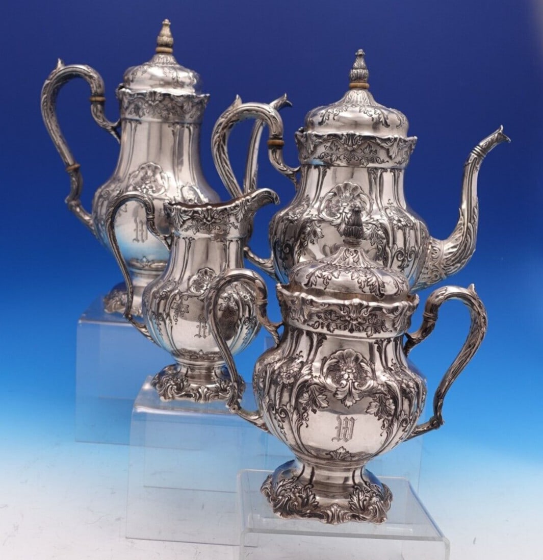 Richelieu International Sterling Silver Tea Set 4pc Hand Chased: Richelieu International Sterling Silver Tea Set 4pc Hand Chased Presenting the elegant Richelieu by International Sterling Silver Tea Set, a stunning four-piece collection crafted from high-quality st