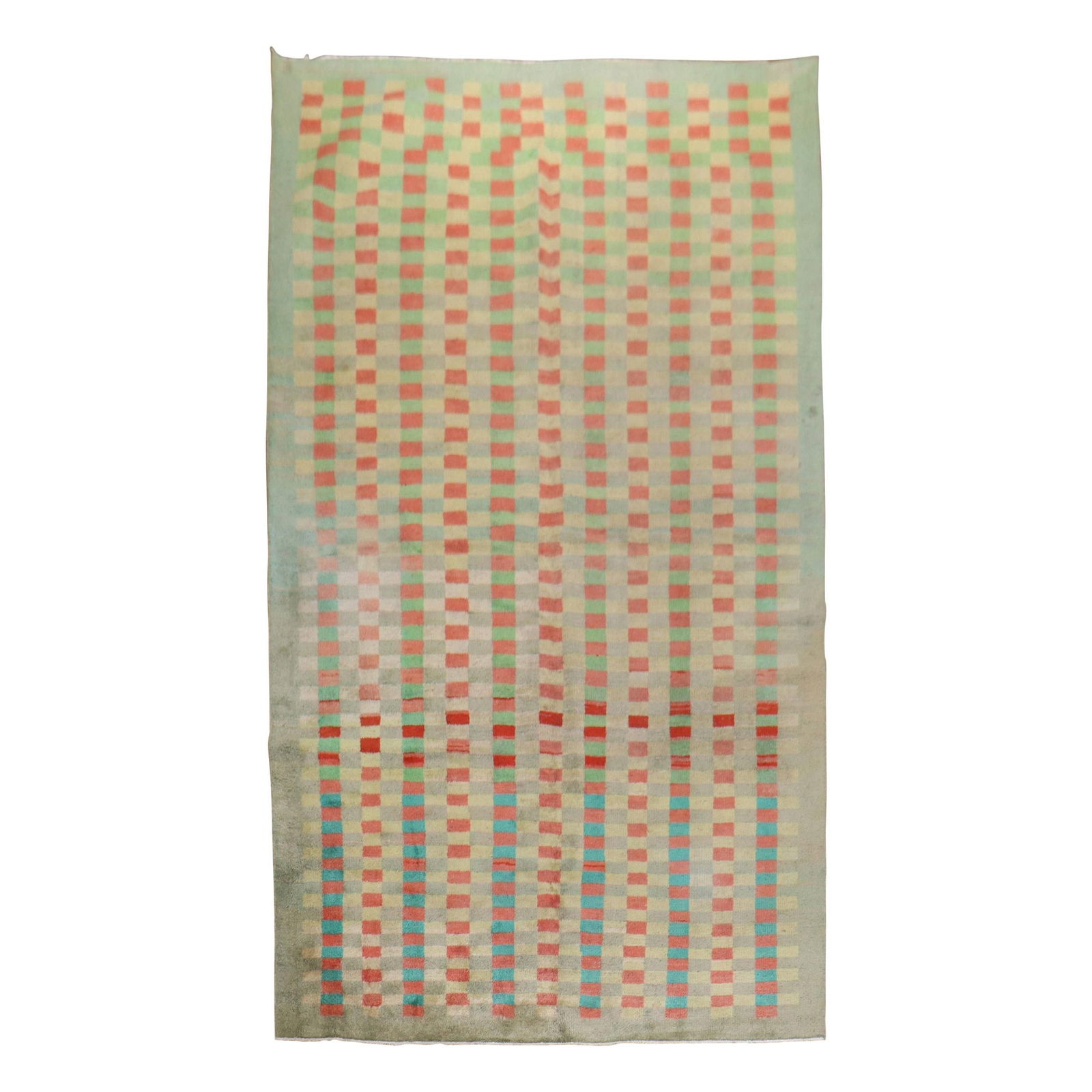 Mid-Century Wool Turkish Rug With Mint Green Checkerboard Pattern 67 x 122 in: Mid-Century Wool Turkish Rug With Mint Green Checkerboard Pattern 67 x 122 in Discover the charm of this Mint Green Vintage Turkish Anatolian Deco Checkerboard Rug, a unique addition to your home deco