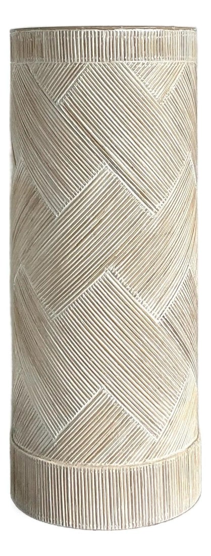 Whitewashed Rattan Pencil Reed Pedestal Table With Chevron Pattern 13x13x32: Whitewashed Rattan Pencil Reed Pedestal Table With Chevron Pattern 13x13x32 This vintage pencil reed pedestal adds organic texture and geometric sophistication to any interior. Expertly crafted from t