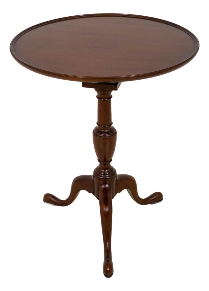 Mahogany Colonial Williamsburg Model CW-11 Tilt-Top Pedestal Side Table: Mahogany Colonial Williamsburg Model CW-11 Tilt-Top Pedestal Side Table This Kittinger CW-11 tilt-top round end table is crafted from high-quality mahogany as part of the Colonial Williamsburg Collect