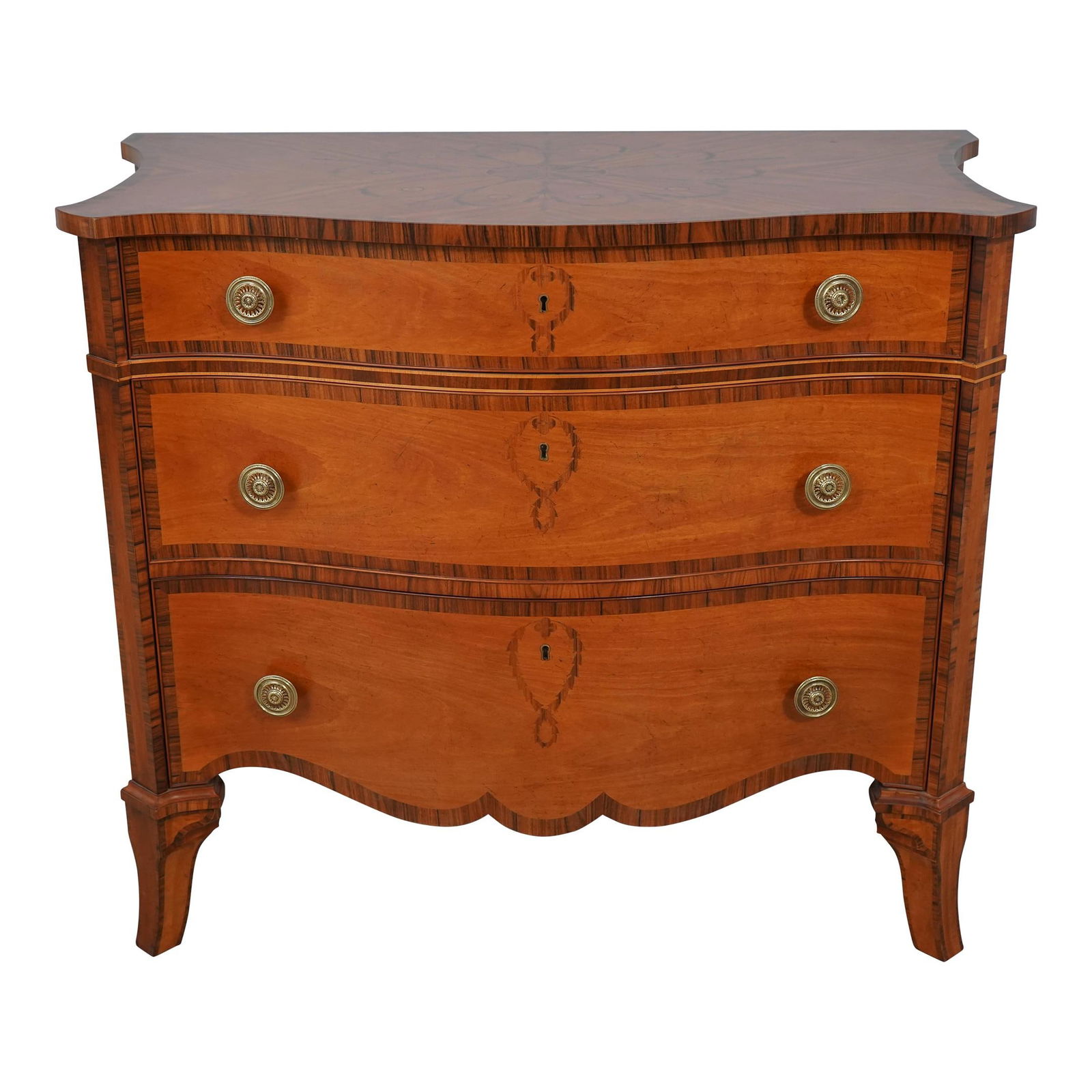 Baker Adam Style Chest with Satinwood Inlay: Baker Adam Style Chest with Satinwood Inlay This elegant Baker Highly Inlaid Satinwood Adam Style Chest showcases exceptional craftsmanship with its dovetailed drawer construction and exquisite inlay