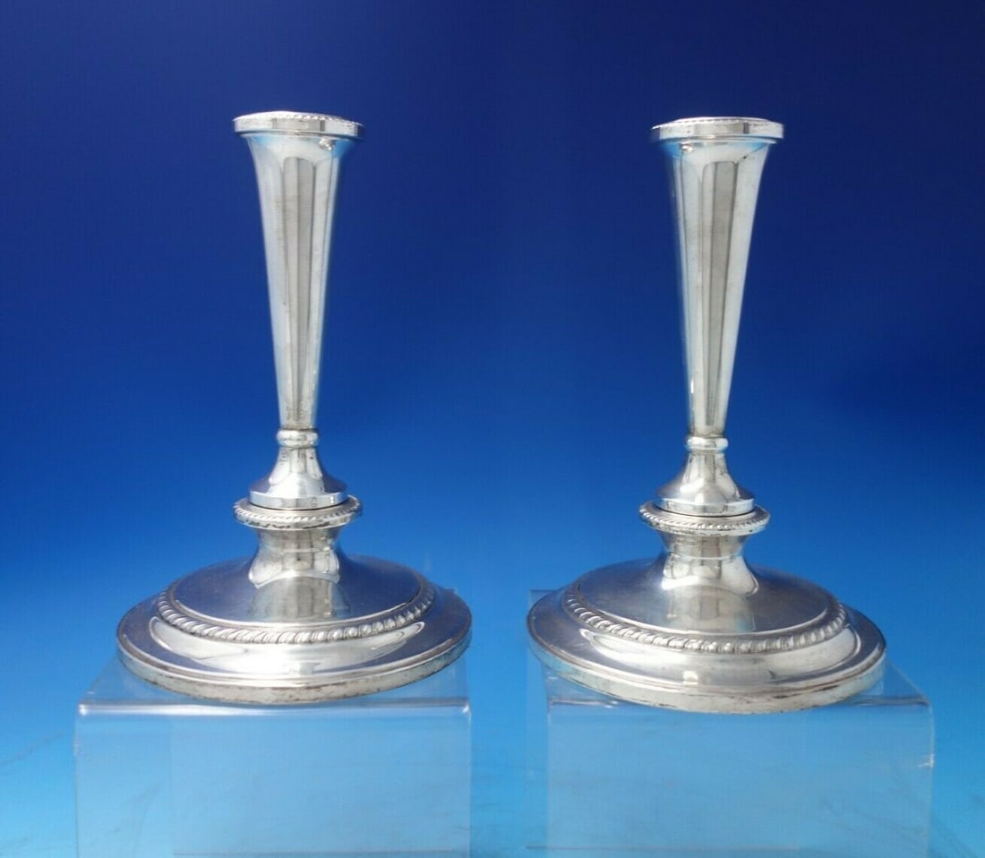 Hamilton Gadroon Sterling Silver Candlestick Pair 7.5 inches c.1920 (1 of 10)