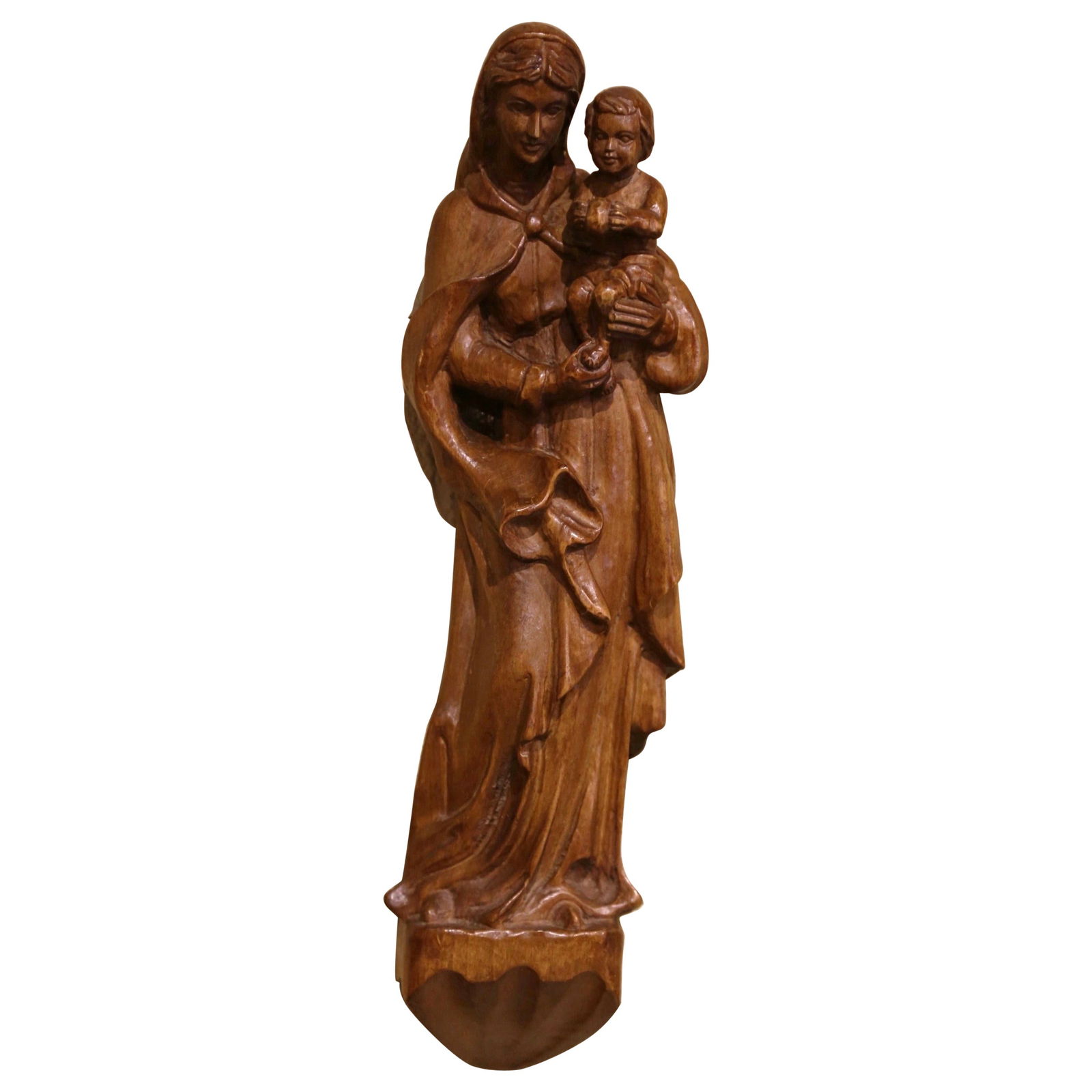 French Walnut Madonna and Child Wall Sculpture Mid-20th Century Hand Carved (1 of 8)